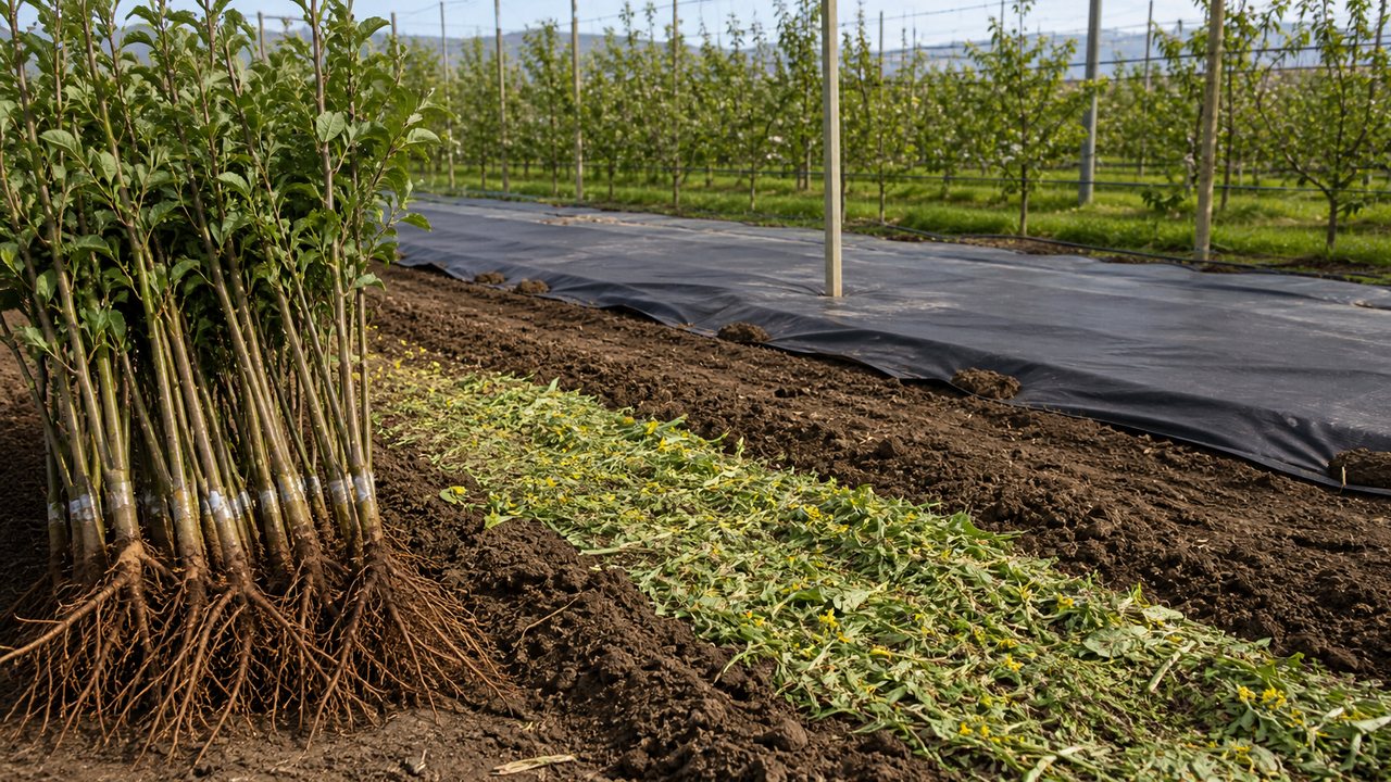 Apple rootstock trees, incorporated brassica residue, and a tarped orchard row prepared for replanting.