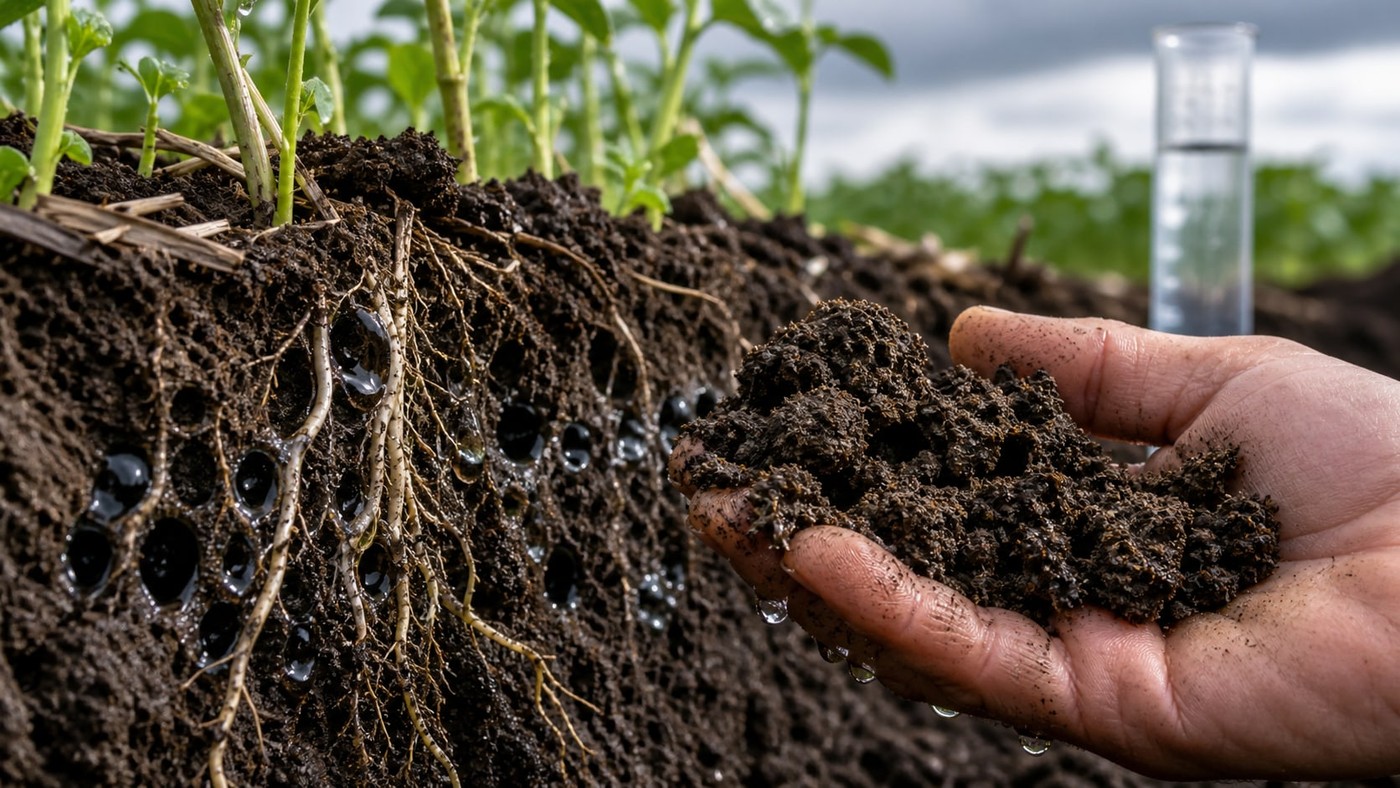 Moist aggregated soil with roots, pore spaces, water droplets, and a hand holding a soil sample.