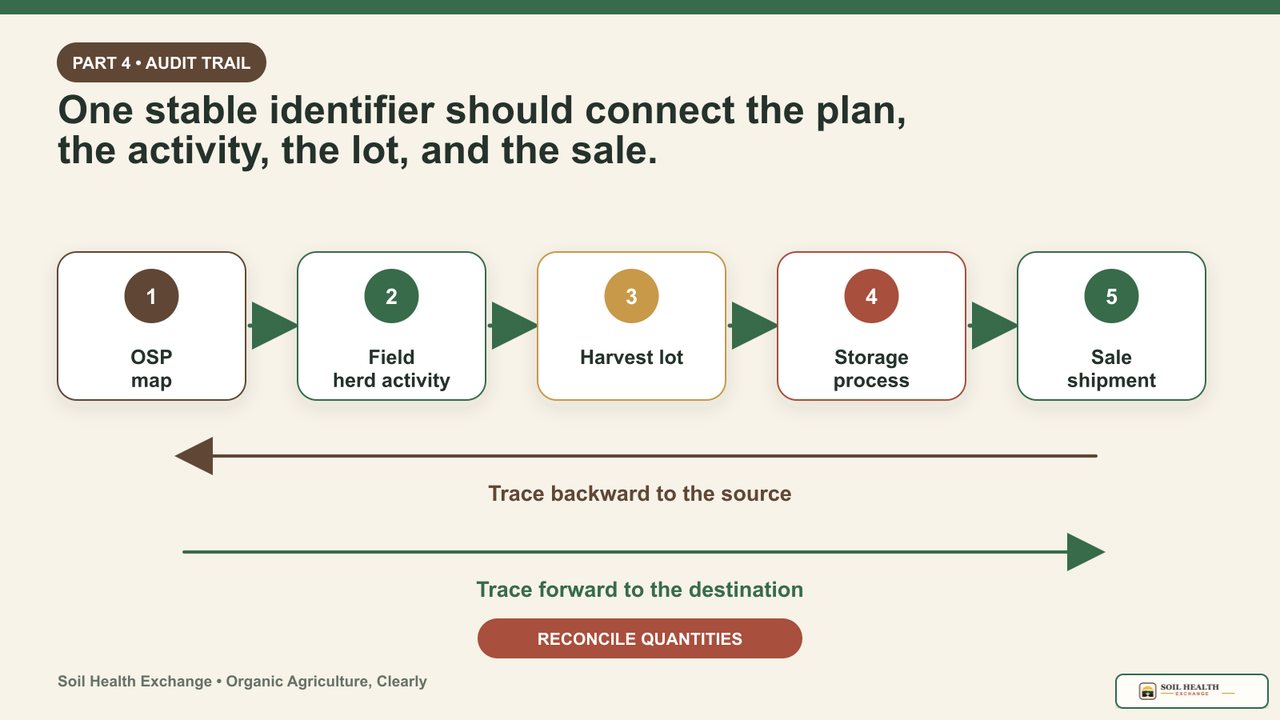 Audit-trail diagram connecting the Organic System Plan and map to field or herd activity, harvest lot, storage or processing, and sale or shipment, with backward and forward traceability.