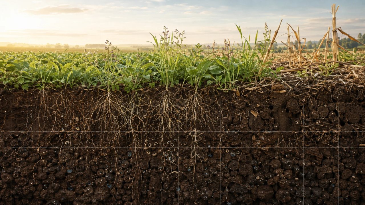 A cover-cropped farm field shown above a cutaway soil profile with living roots, soil aggregates, retained water, and subtle ledger lines