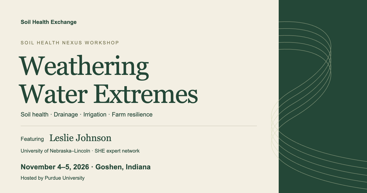 Weathering Water Extremes, a Soil Health Nexus workshop featuring Leslie Johnson, November 4–5, 2026, in Goshen, Indiana. Hosted by Purdue University.