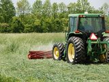 A tractor-mounted roller-crimper flattens a standing cover crop into an anchored surface mulch.