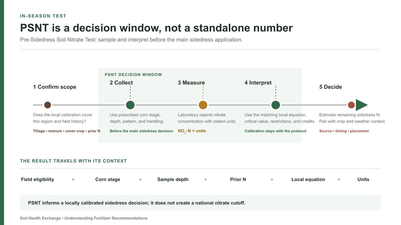 Five-step PSNT workflow: confirm that the field fits the local calibration, collect soil at the prescribed stage and depth before sidedress, measure nitrate with stated units, use the matching local interpretation, and make the remaining sidedress decision. A timeline places PSNT between early crop growth and sidedress.