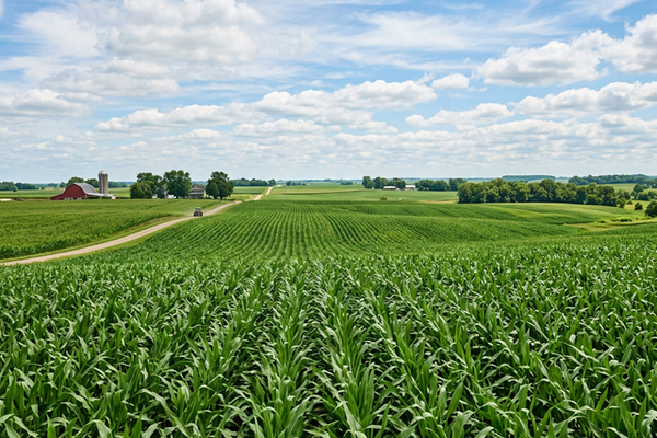 Rows of corn growing across rolling Midwest farmland.