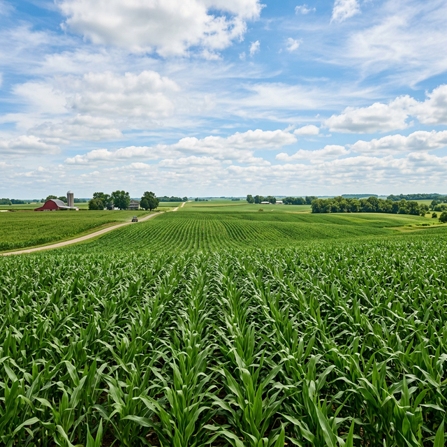 Rows of corn growing across rolling Midwest farmland.