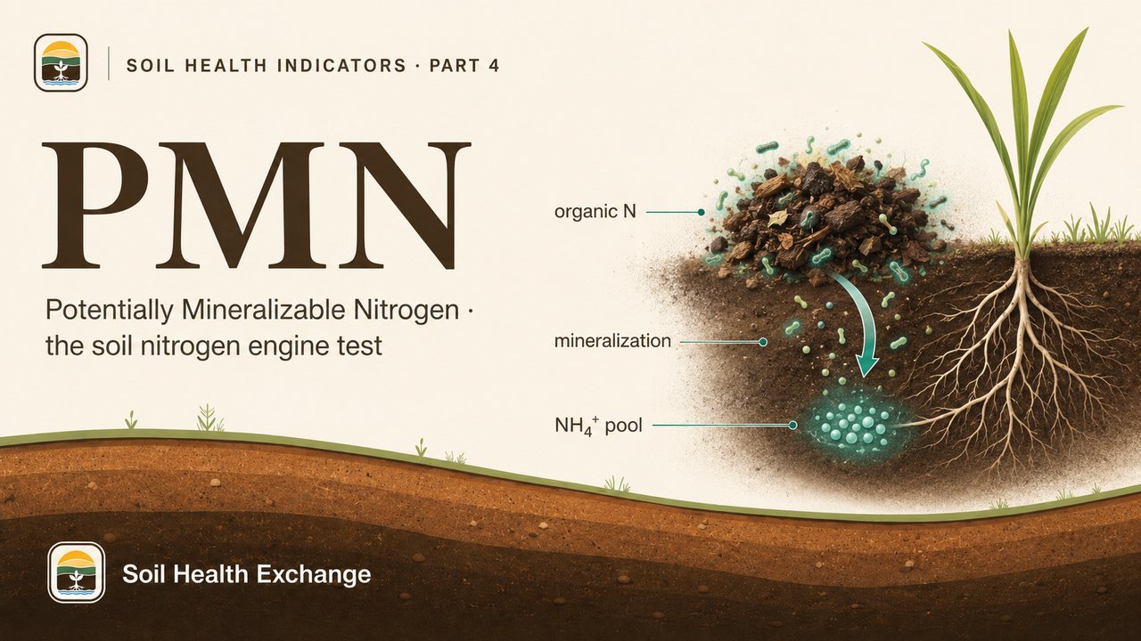 Illustration of potentially mineralizable nitrogen: a large organic-nitrogen reservoir mineralizing into a small plant-available ammonium pool.
