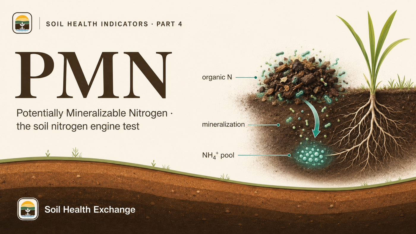 Illustration of potentially mineralizable nitrogen: a large organic-nitrogen reservoir mineralizing into a small plant-available ammonium pool.