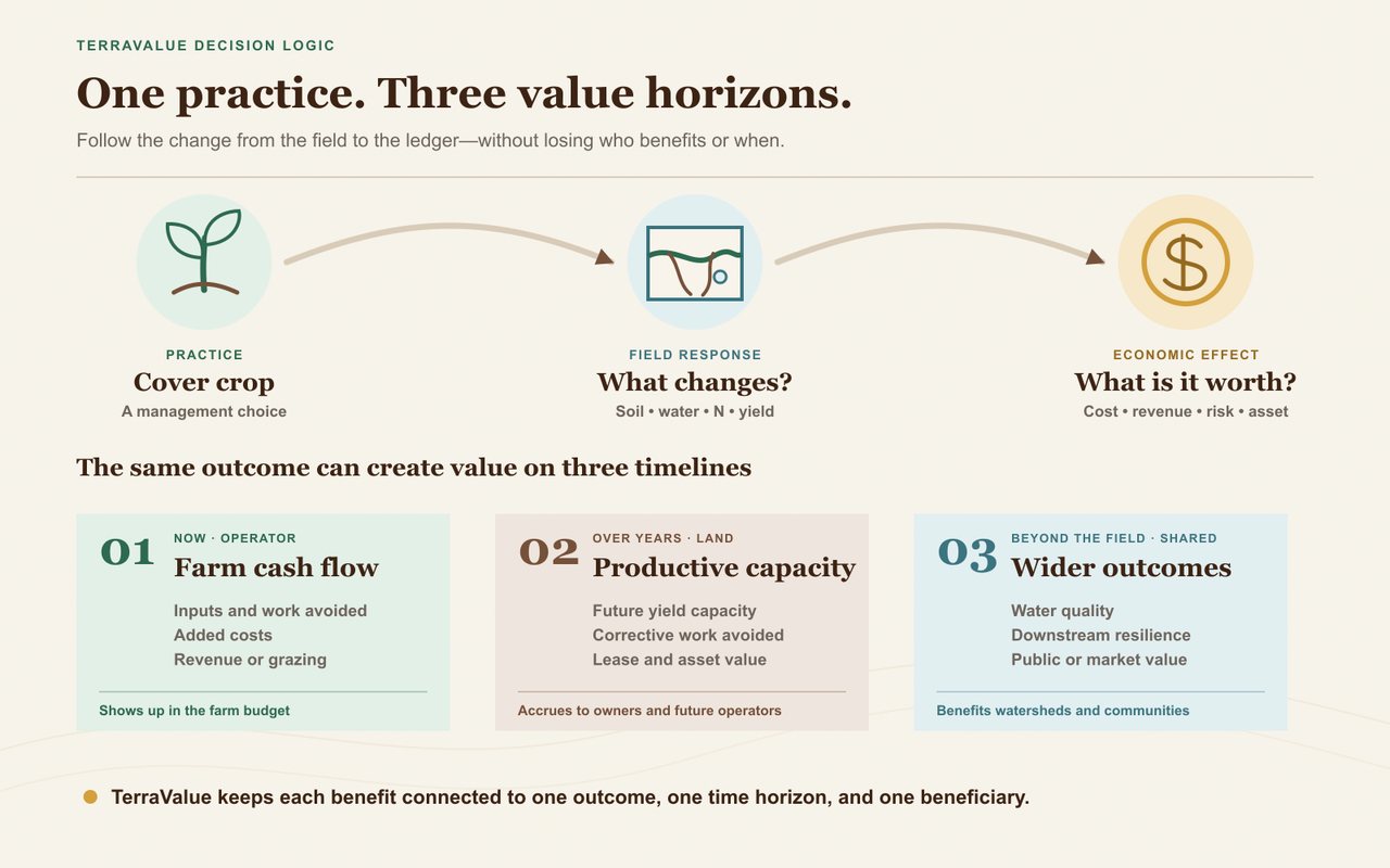 Diagram tracing a cover crop from management change to physical outcomes and economic consequences, then separating value into the current farm budget, the long-term productive asset, and wider off-farm benefits