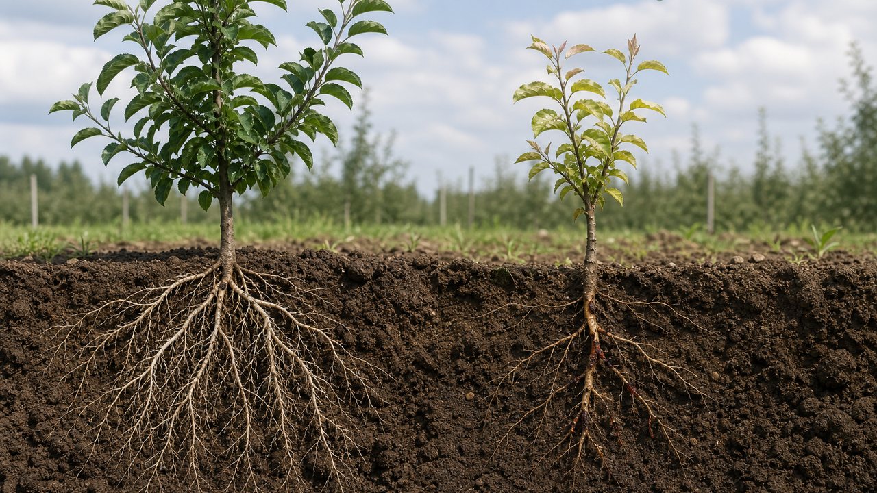 Healthy and stunted young apple trees shown with contrasting root systems in orchard soil.
