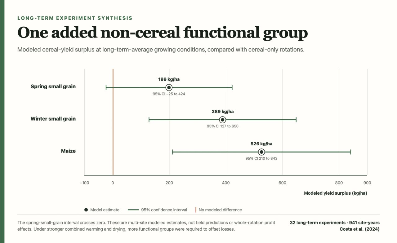 Point-and-interval graph showing modeled yield surpluses of 199 kilograms per hectare for spring small grains, 389 for winter small grains, and 526 for maize after adding one non-cereal functional group