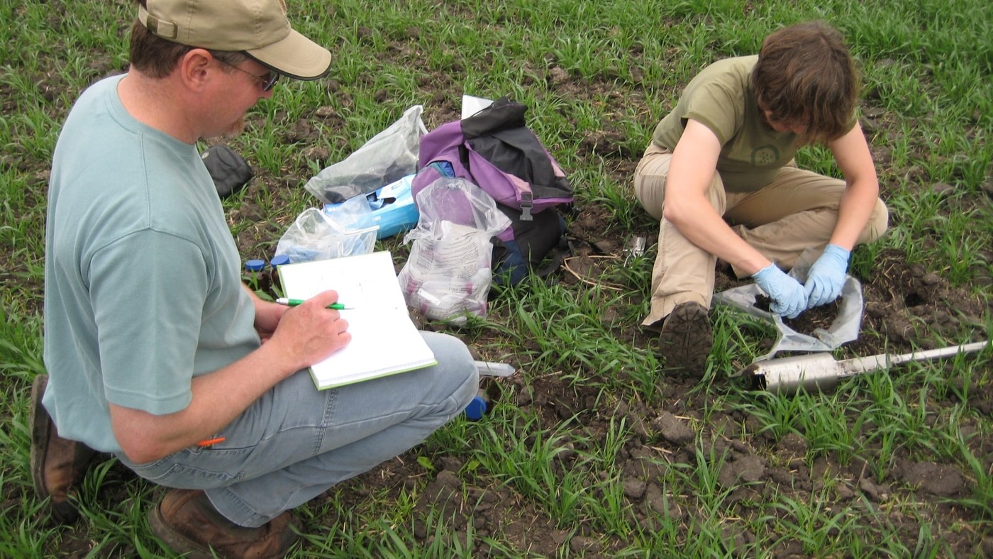 Two field scientists collect and document soil samples in a cropped field.