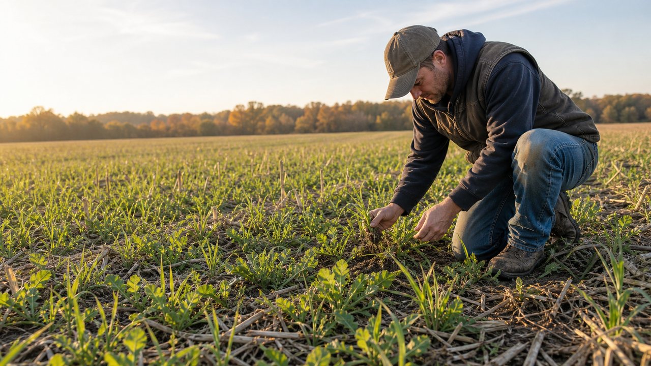 Farmer examining a newly established mixed cover crop in an early-fall field