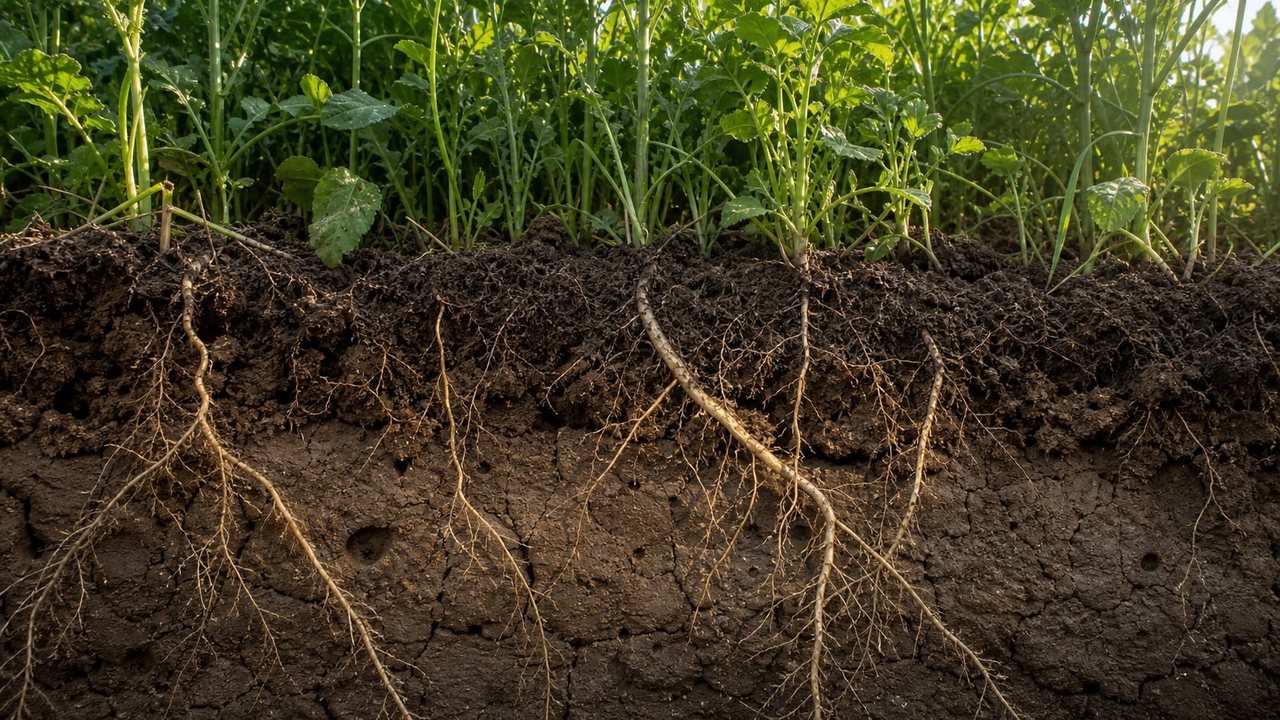 Cover crop roots growing through a realistic soil profile with a dense compacted layer.