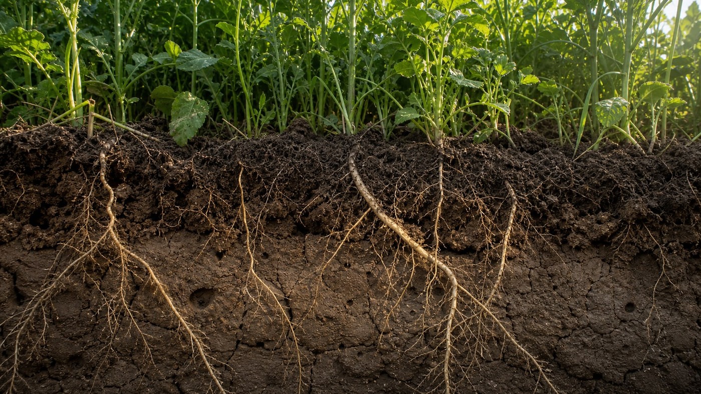 Cover crop roots growing through a realistic soil profile with a dense compacted layer.