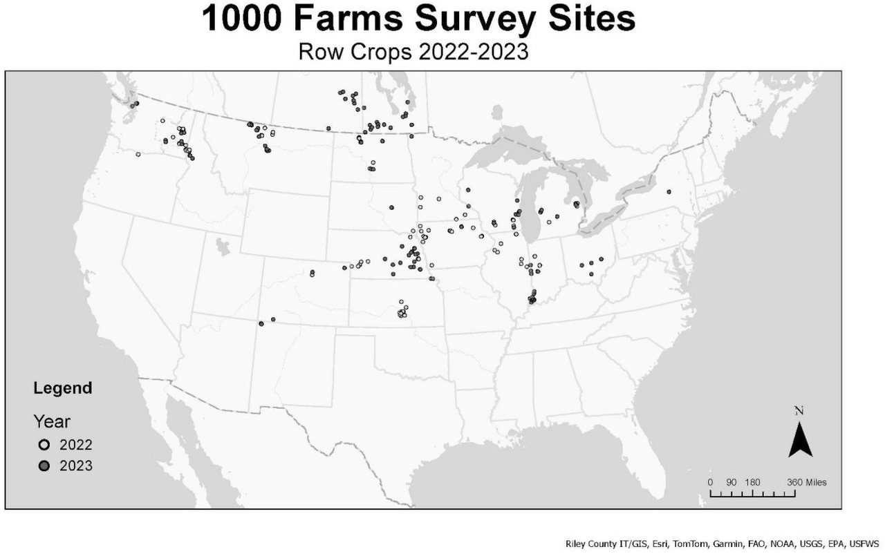 Original study map of sampling sites across the United States and southern Canada. Open circles mark 2022 sites; filled circles mark 2023 sites. The map retains its 1000 Farms Survey Sites heading.