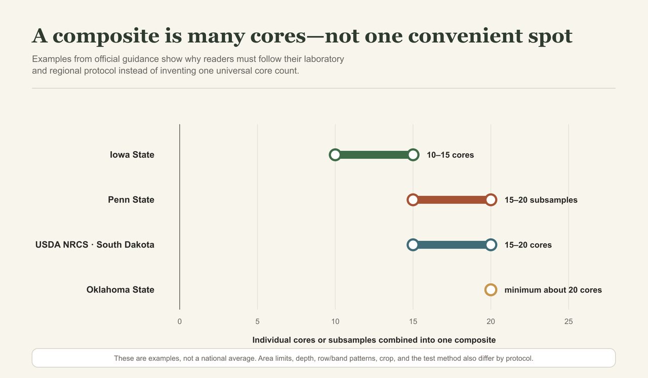 Range graph comparing example composite sample core-count guidance from Iowa State, Penn State, USDA NRCS South Dakota, and Oklahoma State