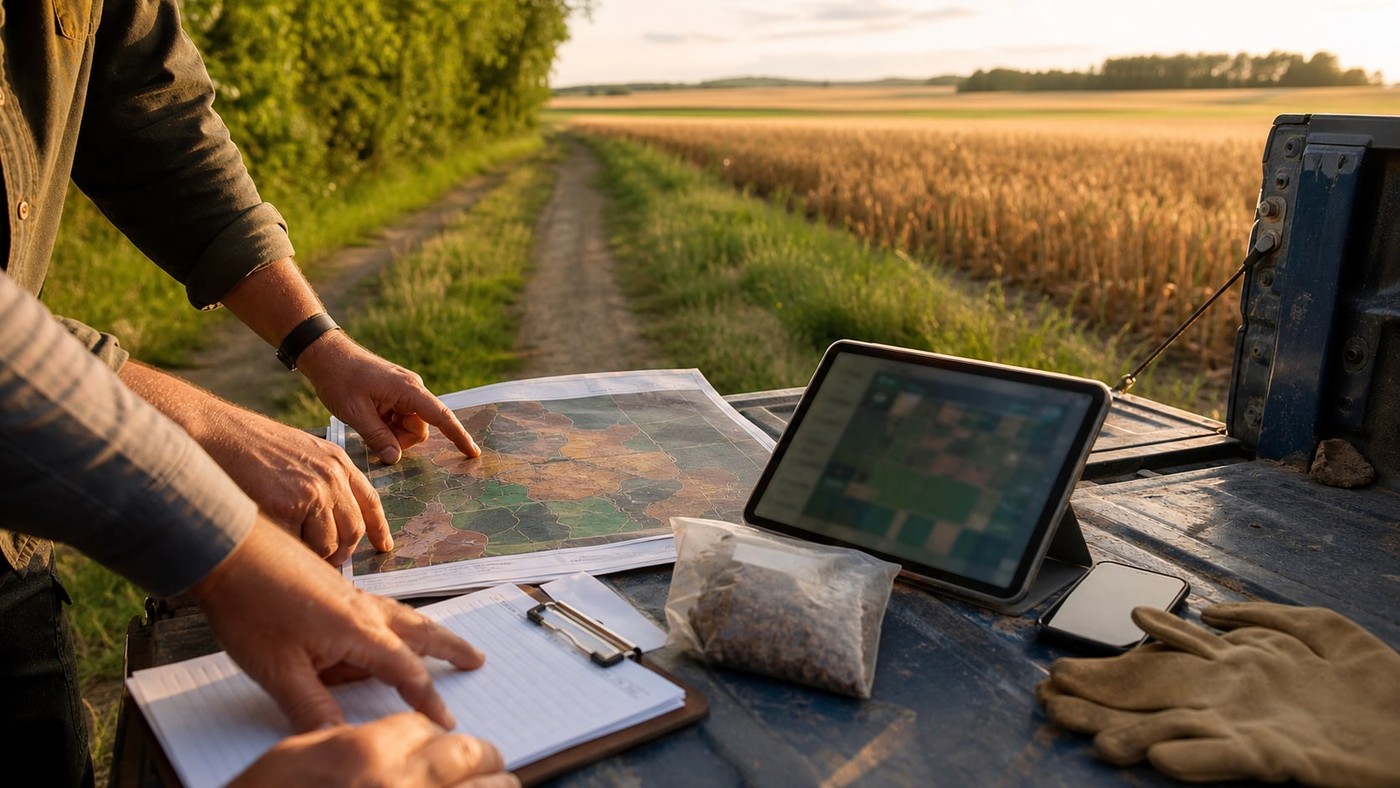 Field-edge planning materials, soil sample, map, tablet, and work gloves on a pickup tailgate.