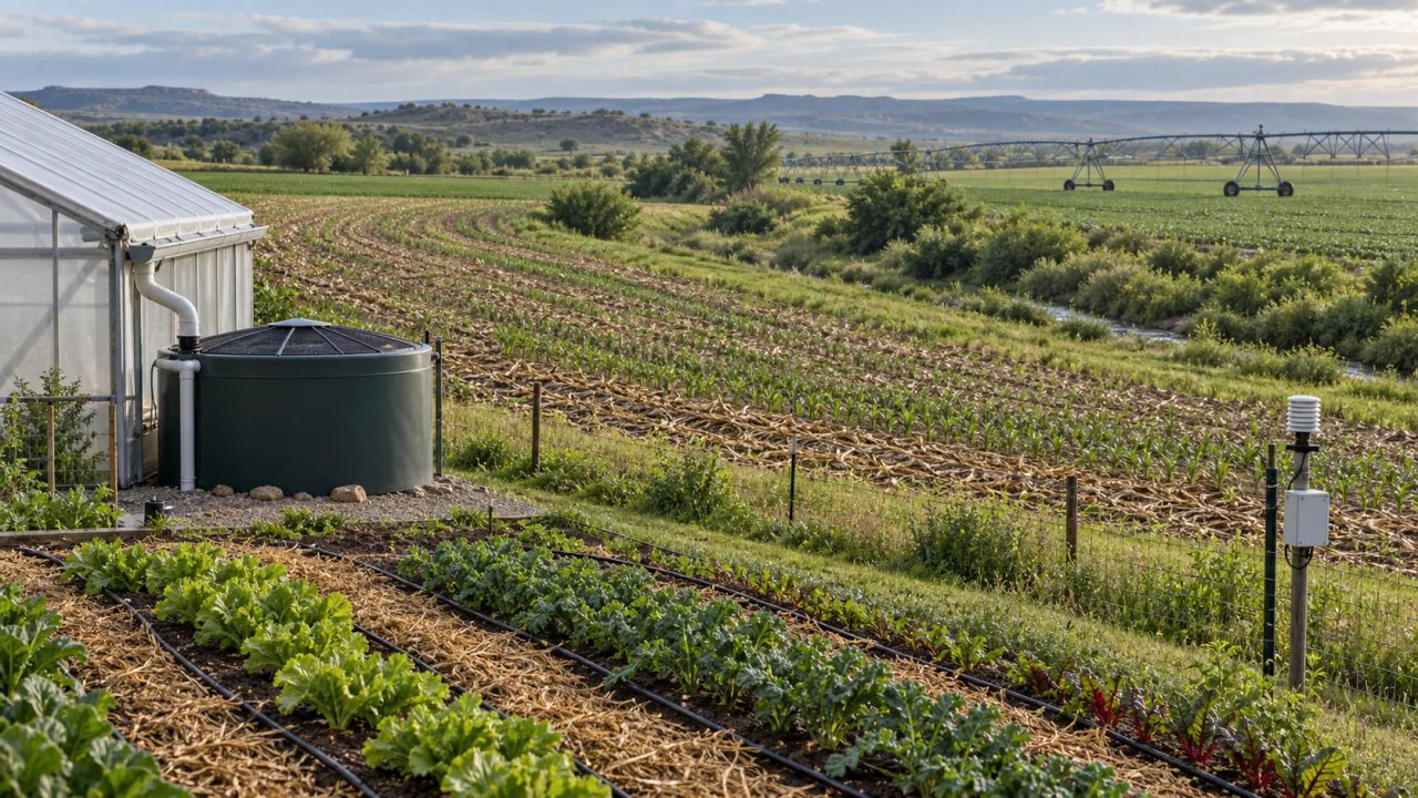 Diversified farm using drip irrigation and mulch, a greenhouse gutter connected to a covered water tank, a soil sensor, residue-covered fields, a vegetated waterway, and a center pivot