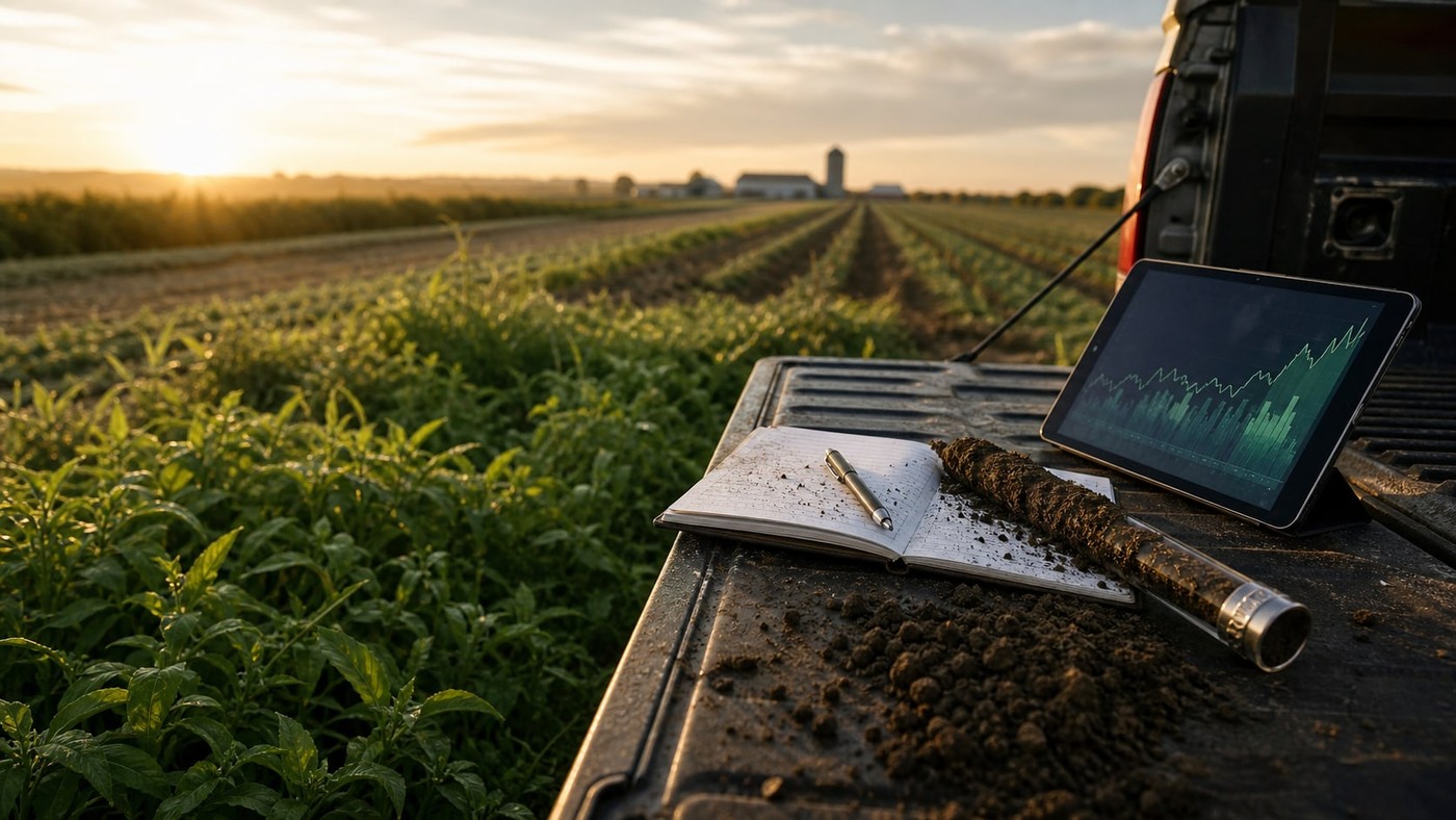 Sunrise over a cover-cropped field with a soil core, field notebook, and market chart on a pickup tailgate.