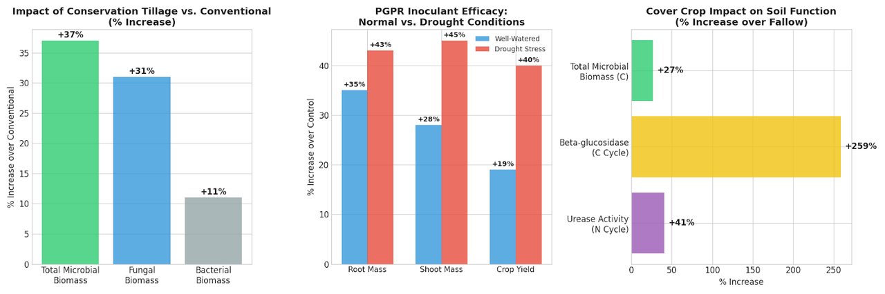 Impact of conservation tillage, PGPR, and cover crops on soil biological indicators and crop production.
