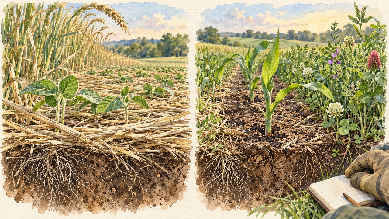 Conceptual watercolor of soybean and corn establishment among cover crop plants and residue.