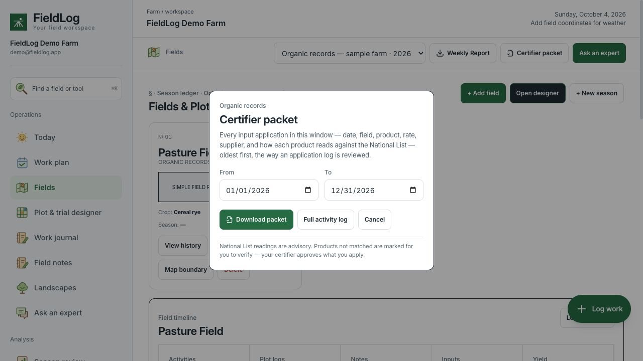 FieldLog Certifier packet dialog with a January 1 to December 31, 2026 date range and Download packet and Full activity log buttons.