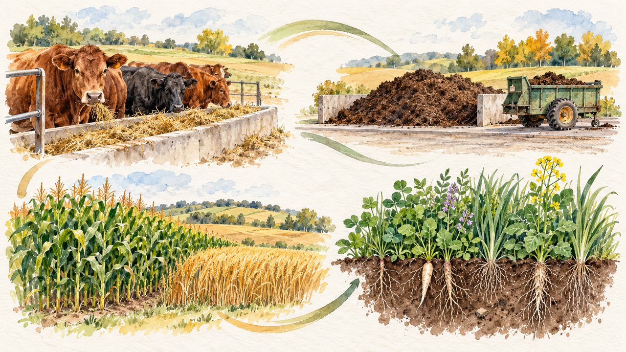 Conceptual watercolor illustration linking beef cattle, manure handling, crops, and living cover crop roots.