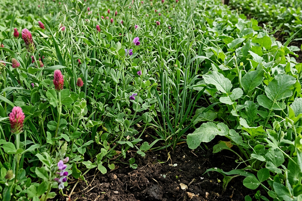Mixed cover crop stand with clover, grass, and brassica growth in a field.