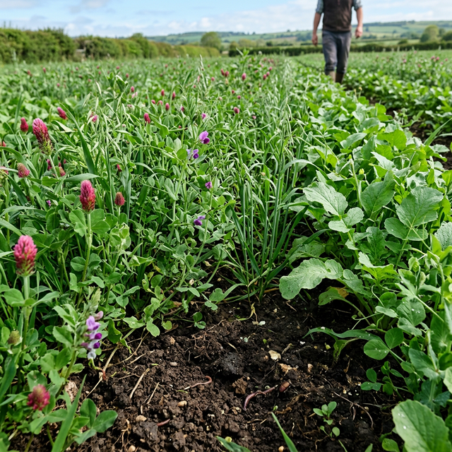 Mixed cover crop stand with clover, grass, and brassica growth in a field.