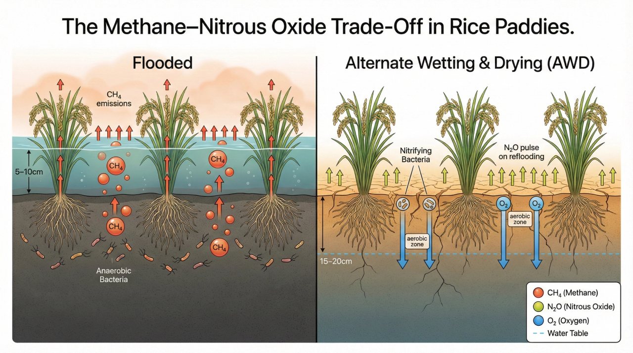 The Methane - Nitrous Oxide Trade-Off in Rice Paddies