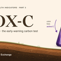 Illustration of the POX-C active-carbon test: a flask of purple permanganate solution losing color over soil sediment.