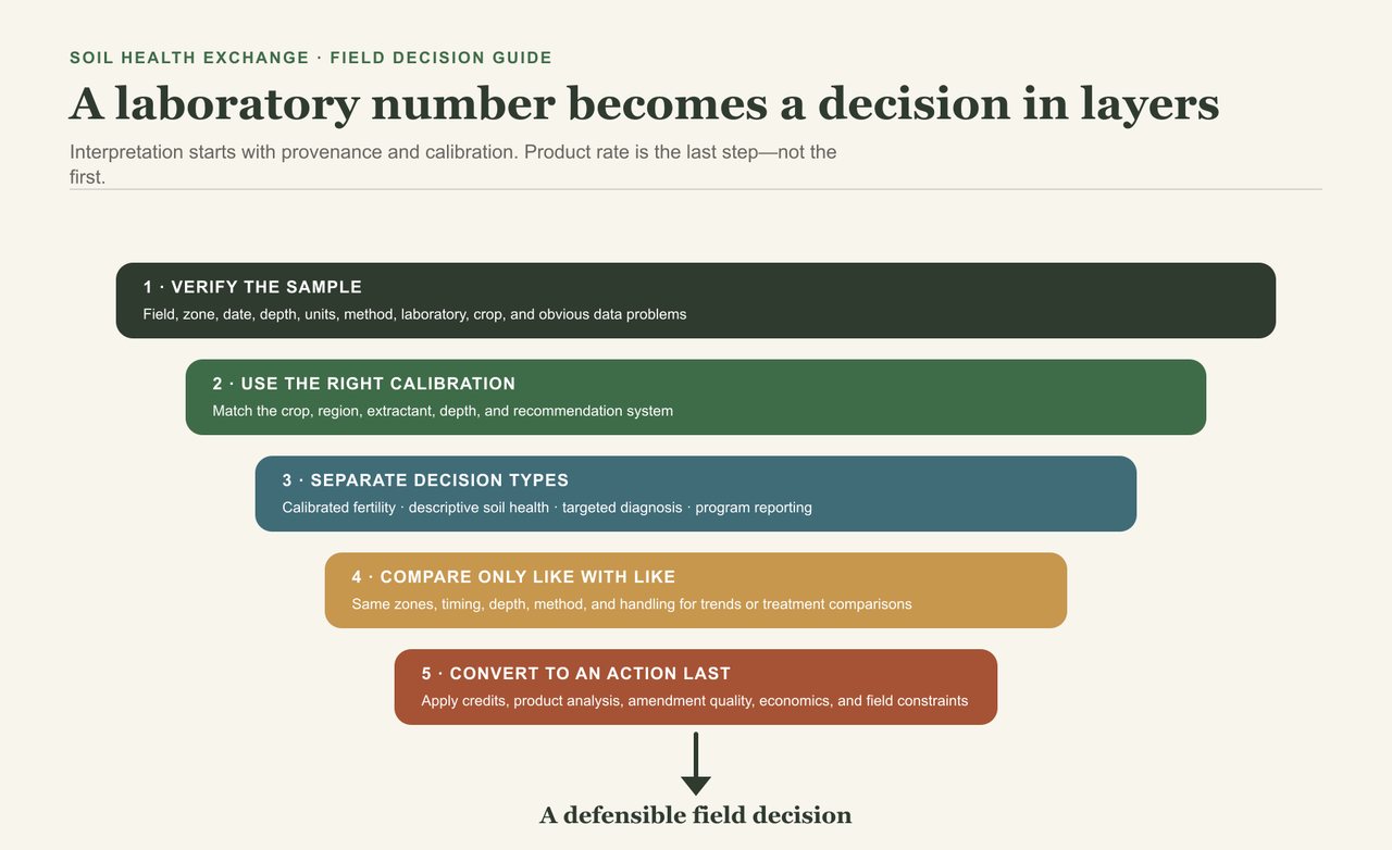 Five-step interpretation ladder moving from sample verification through calibration, decision type, comparability, and final action