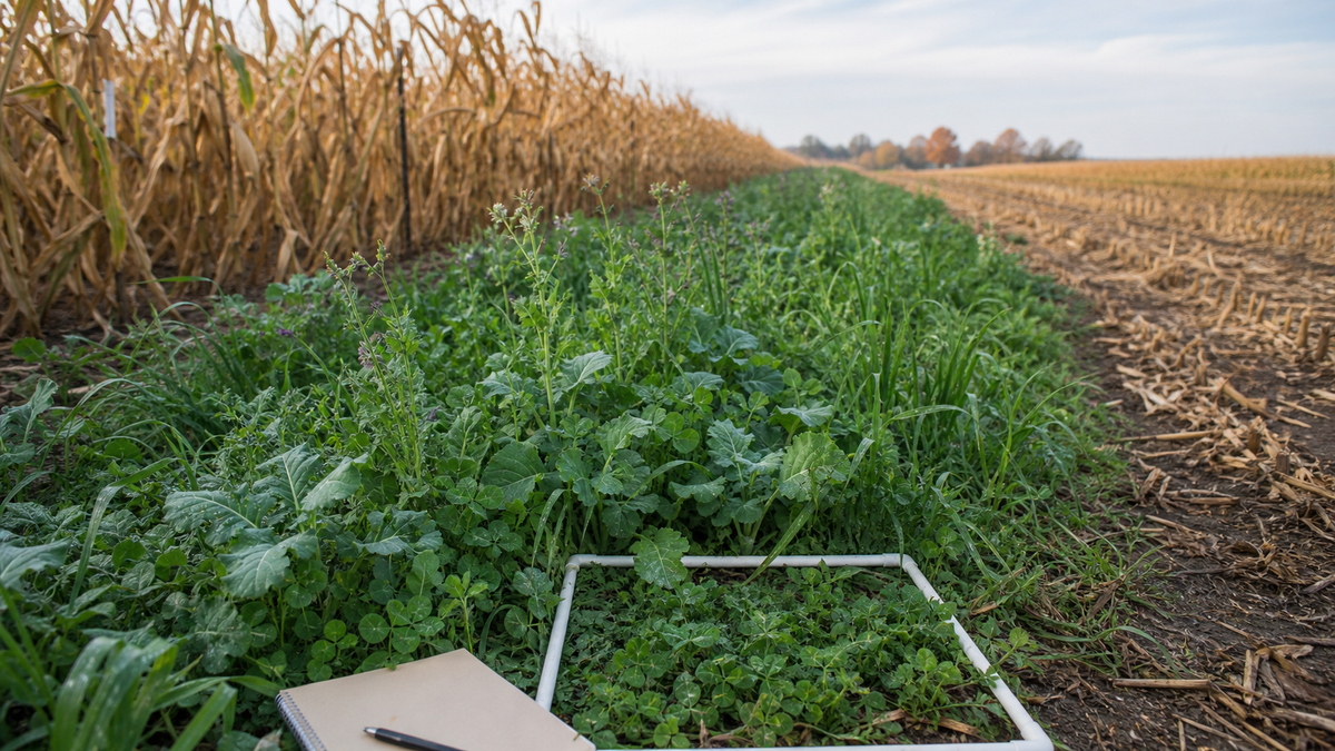 Mixed cover crop strip measured with a field quadrat beside a corn field.