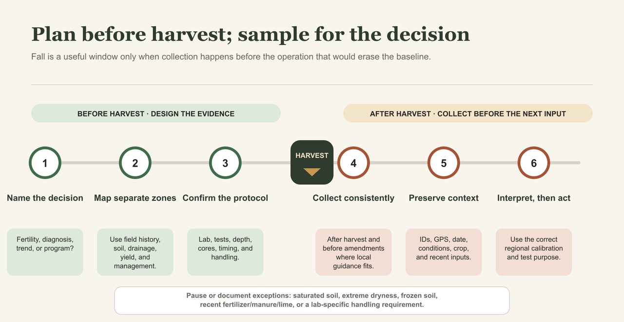 Six-step timeline showing sampling decisions before harvest and collection, recordkeeping, and interpretation after harvest