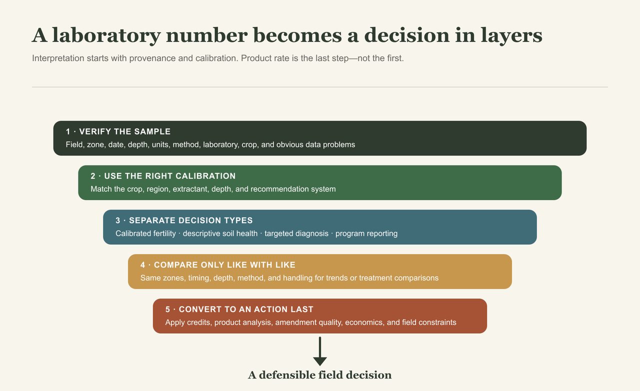 Five-step interpretation ladder moving from sample verification through calibration, decision type, comparability, and final action