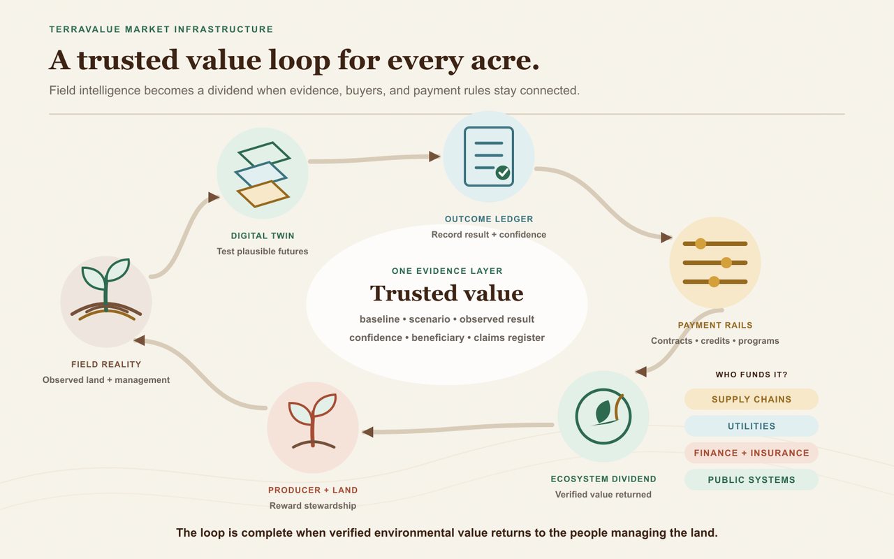 Circular value loop connecting field reality, a digital twin, an outcome ledger, payment rails, an ecosystem dividend, and the producer and land steward