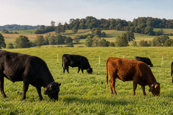 Cattle wearing virtual-fence collars grazing on rolling pasture.