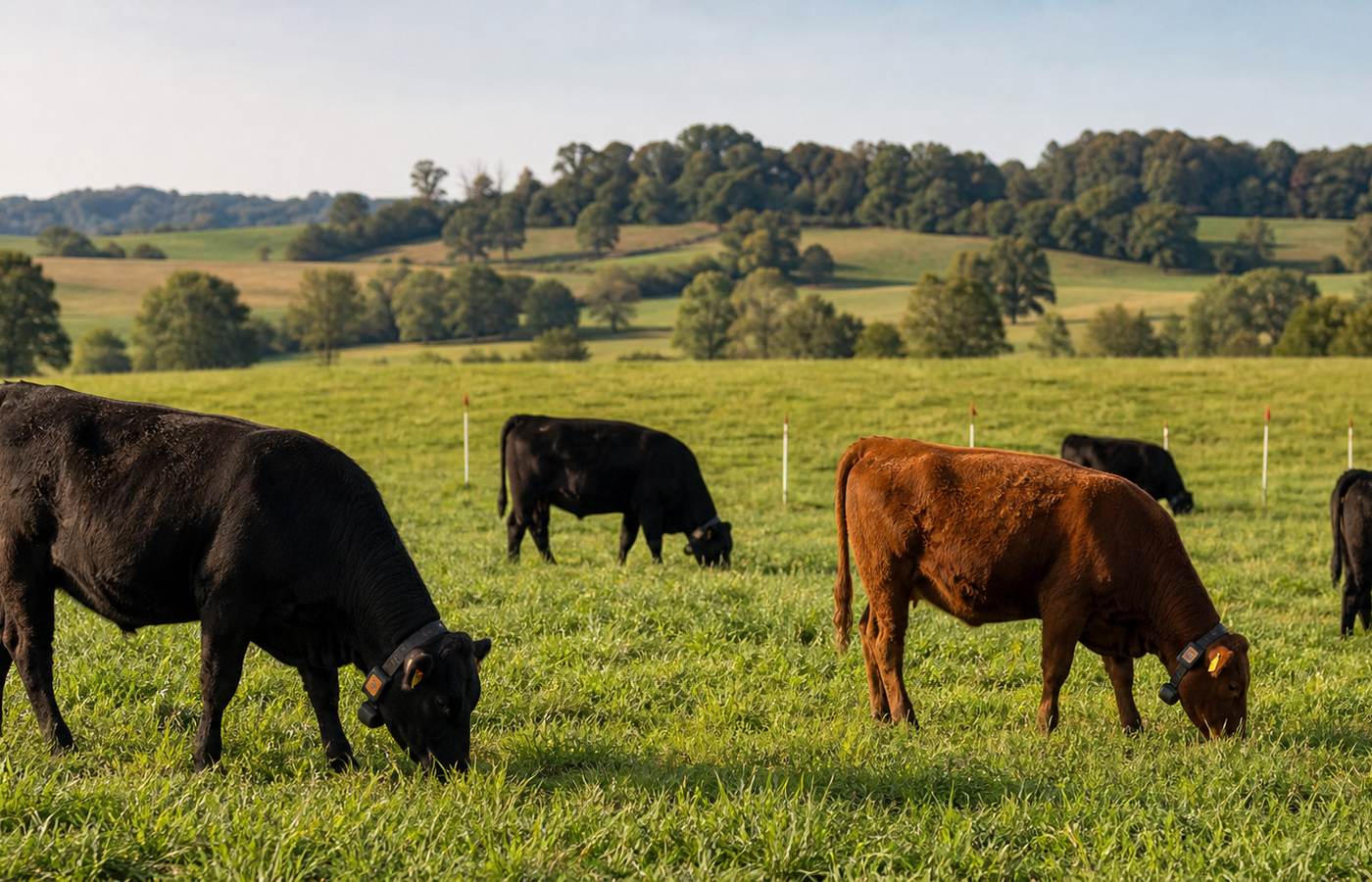 Cattle wearing virtual-fence collars grazing on rolling pasture.