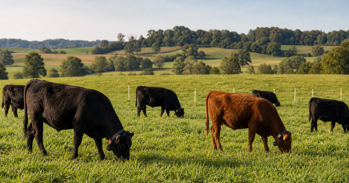Cattle wearing virtual-fence collars grazing on rolling pasture.