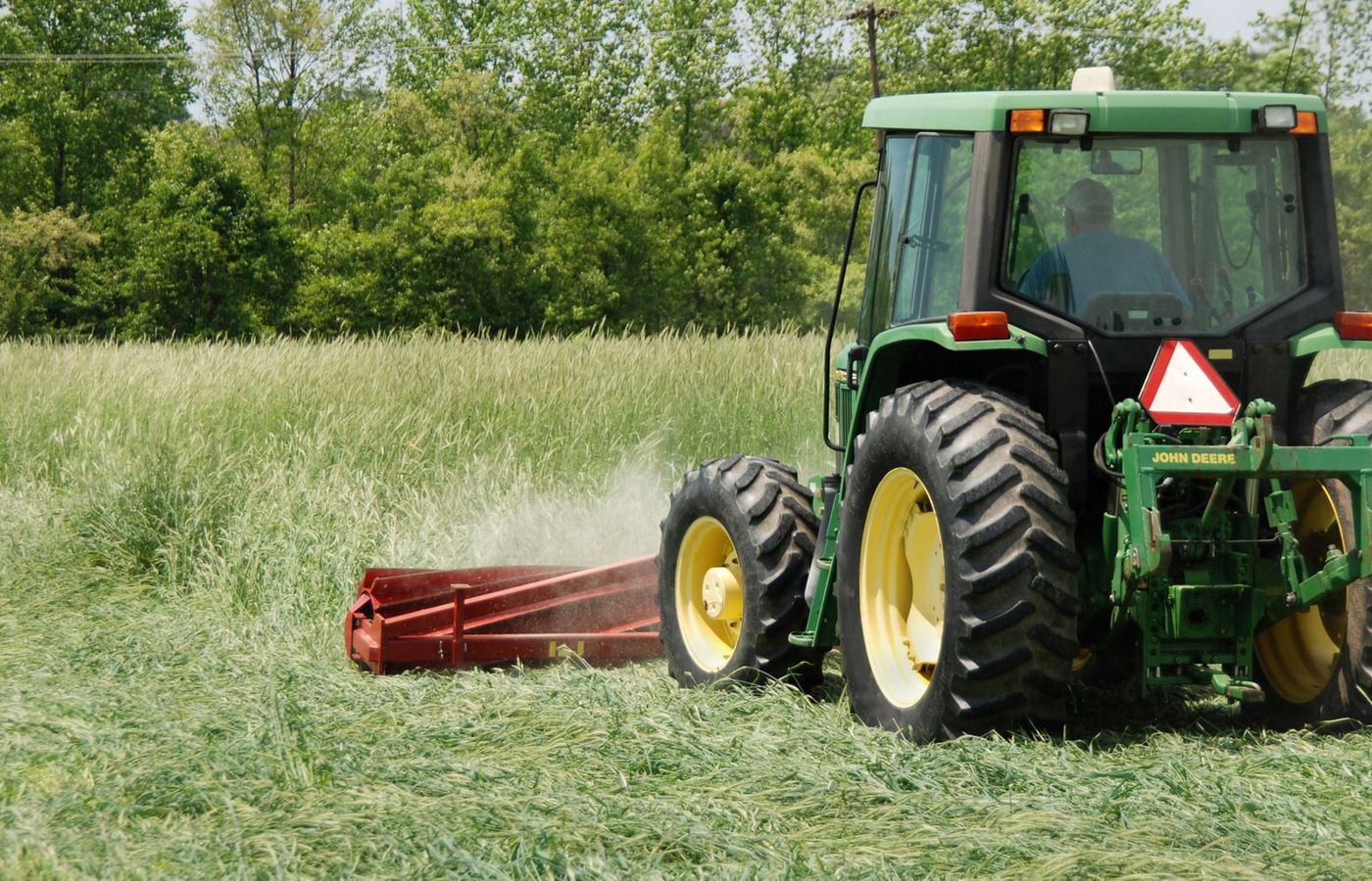 A front-mounted roller-crimper flattens a mature cover crop in a USDA-ARS field