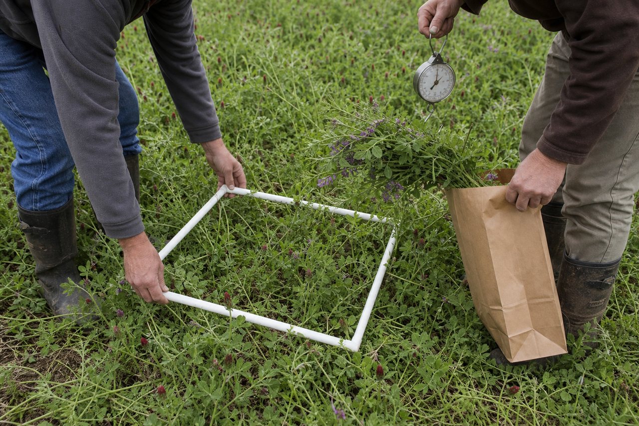 Two people using a quadrat, paper bag and hanging scale to sample legume cover-crop biomass