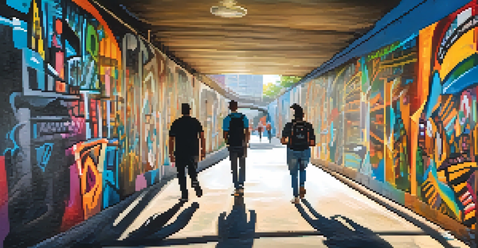 A colorful street scene in Krog Street Tunnel in Atlanta, showcasing vibrant murals and people enjoying the art.