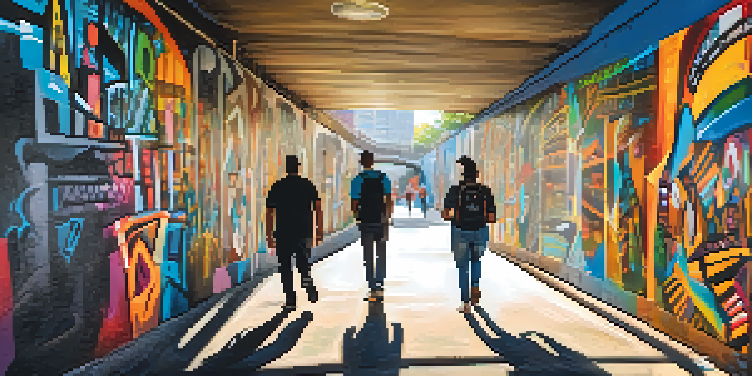 A colorful street scene in Krog Street Tunnel in Atlanta, showcasing vibrant murals and people enjoying the art.