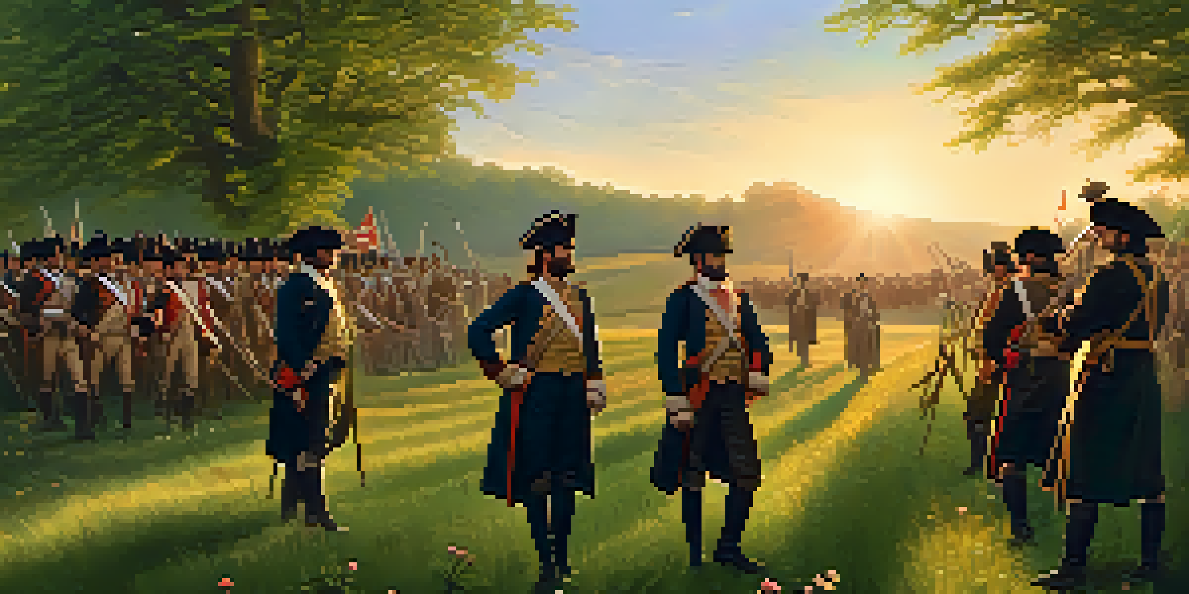 A group of Georgian patriots in 18th-century attire rallying in a green field with banners, under a warm sunset.
