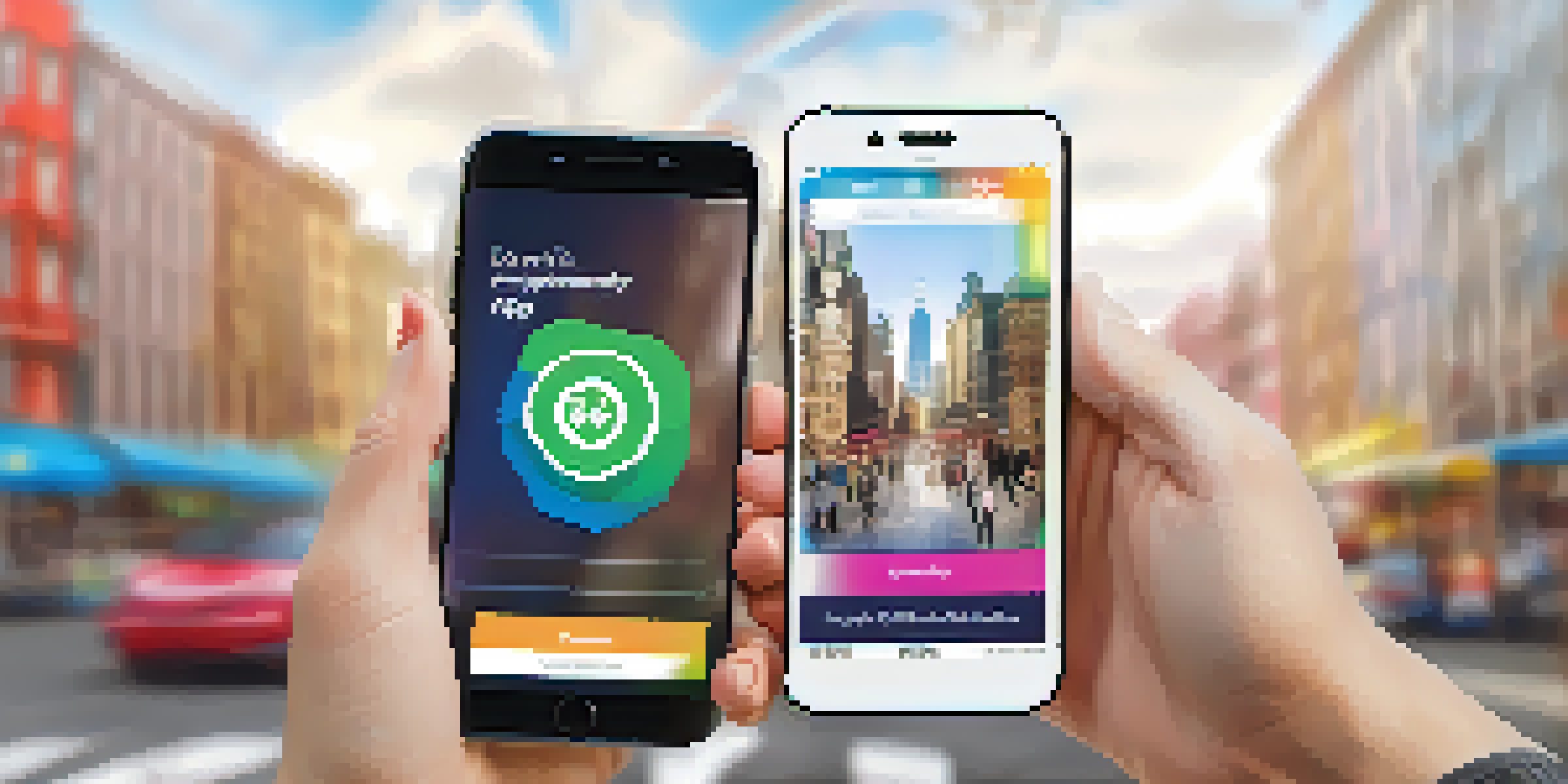A close-up of hands holding a smartphone with a civic engagement app, set against a blurred city background.