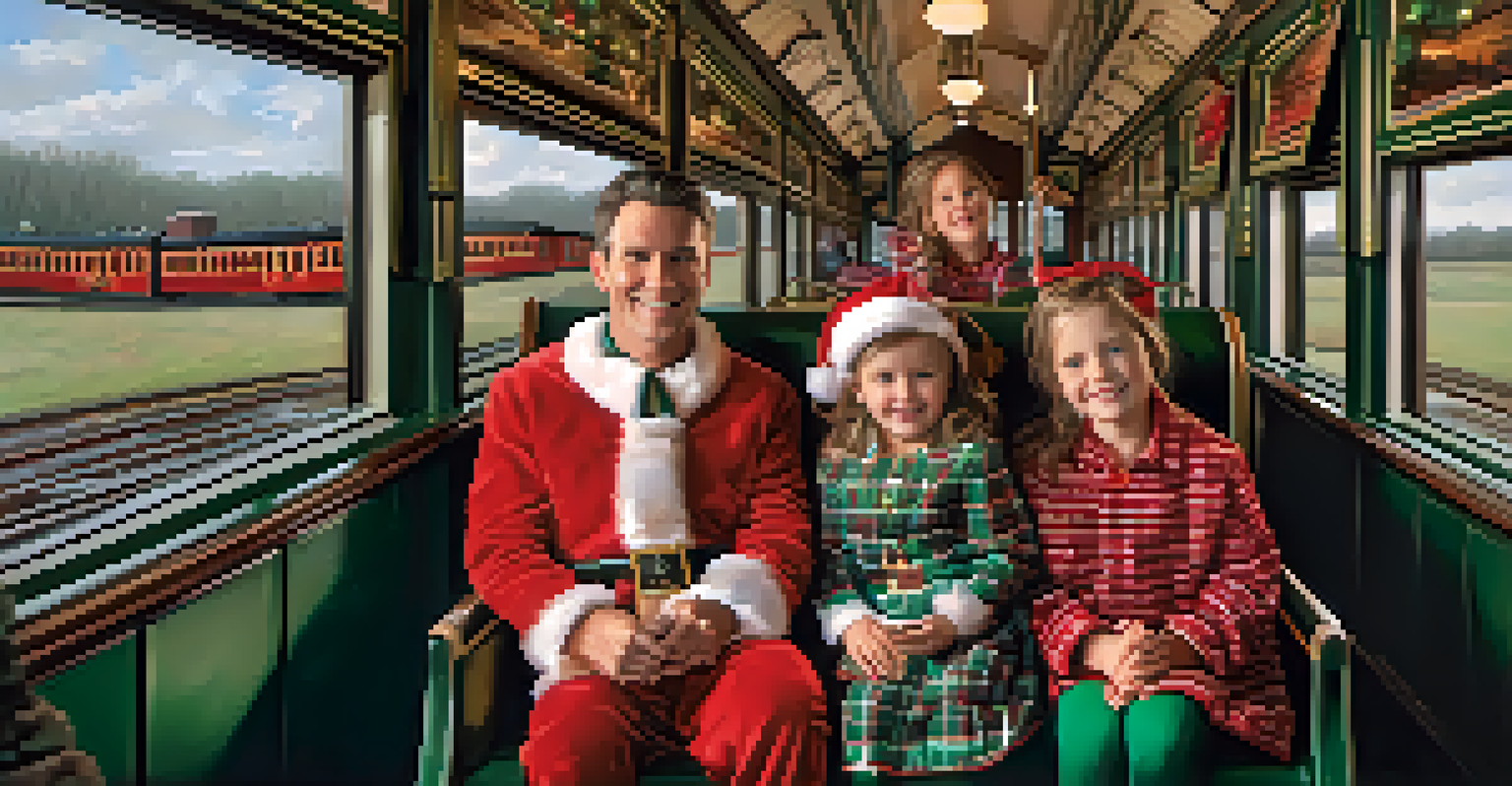 A family in holiday pajamas enjoying a themed train ride at the Georgia Railroad Museum, with decorations on the vintage train and beautiful scenery outside.