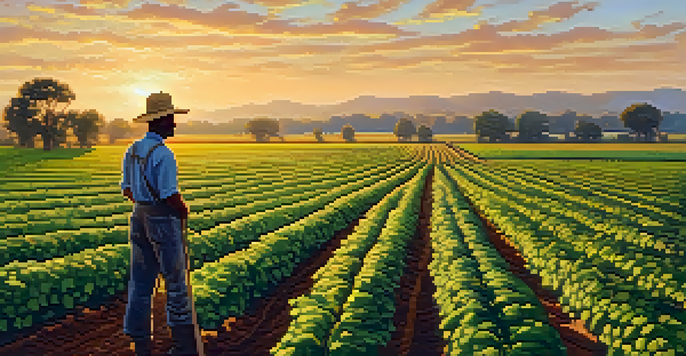 A farmer tending to peanut and cotton crops in a Georgia field during sunset, with warm golden light illuminating the landscape.