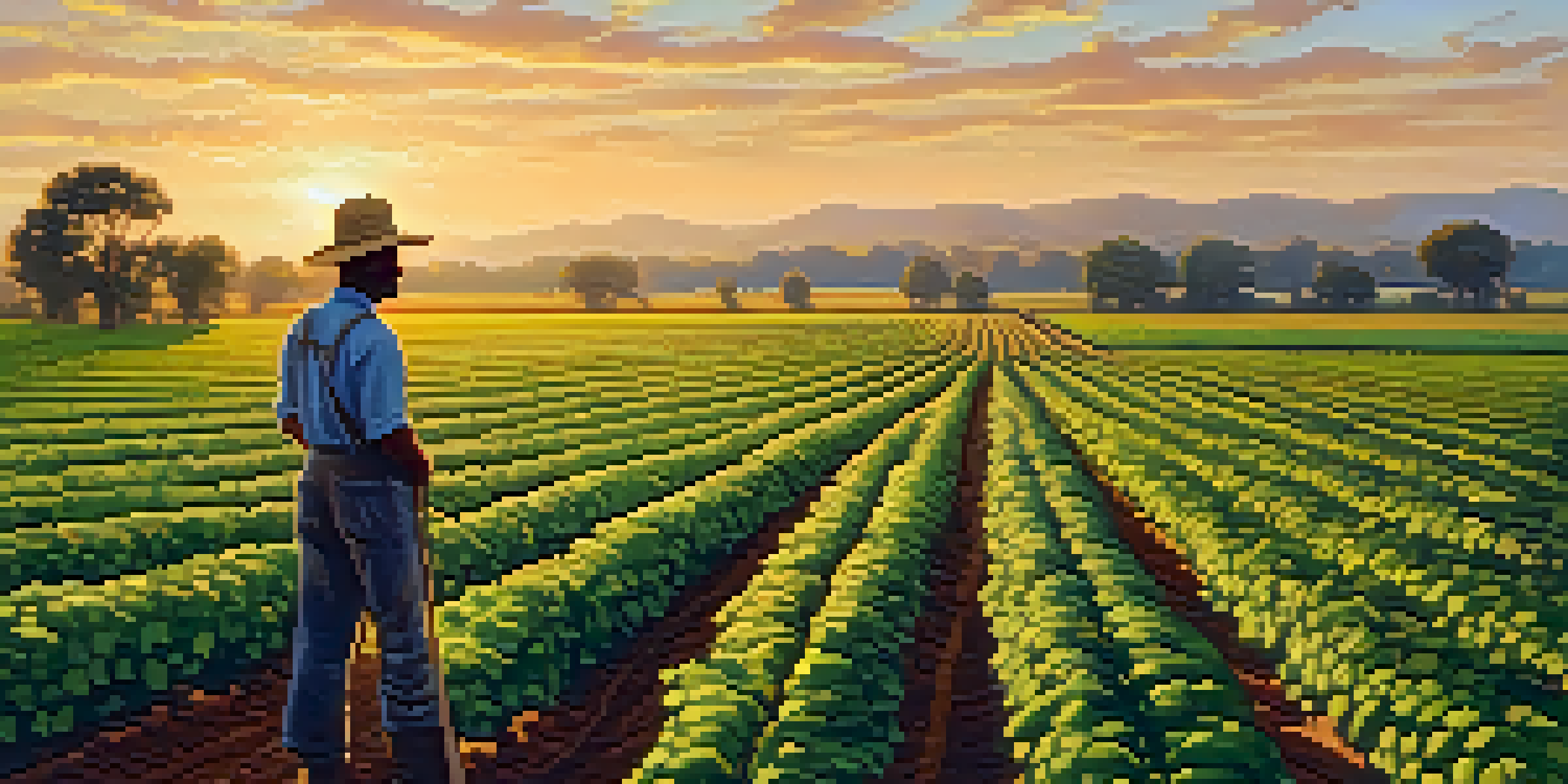 A farmer tending to peanut and cotton crops in a Georgia field during sunset, with warm golden light illuminating the landscape.
