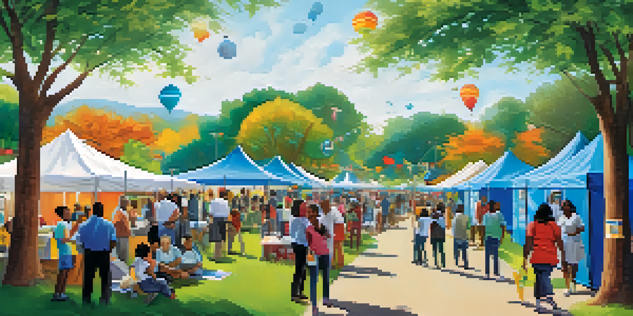 A lively community health fair with diverse individuals participating in health screenings and workshops, surrounded by colorful tents and banners.