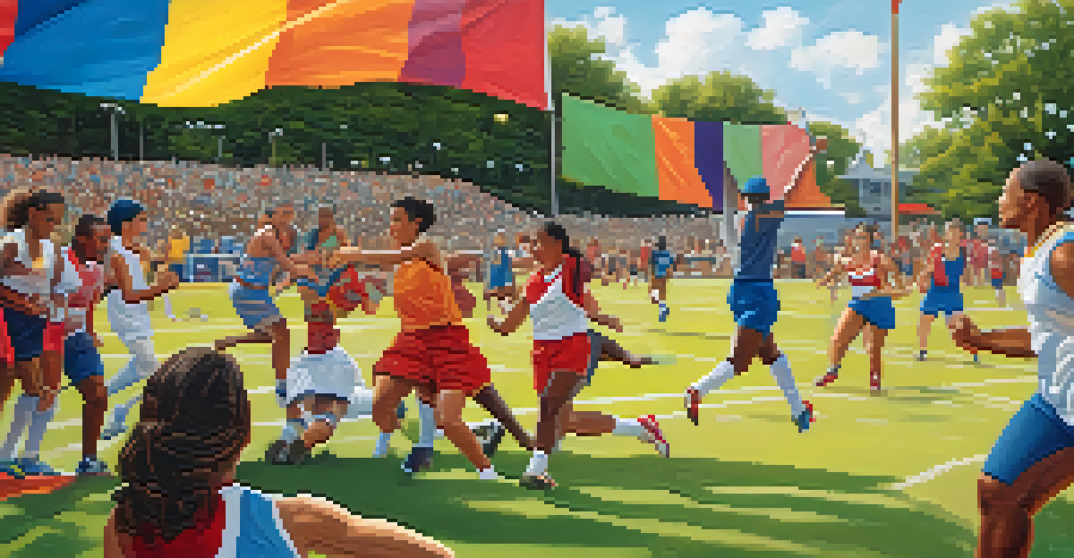 A diverse group of athletes participating in a community sports event, with banners promoting inclusivity and unity.